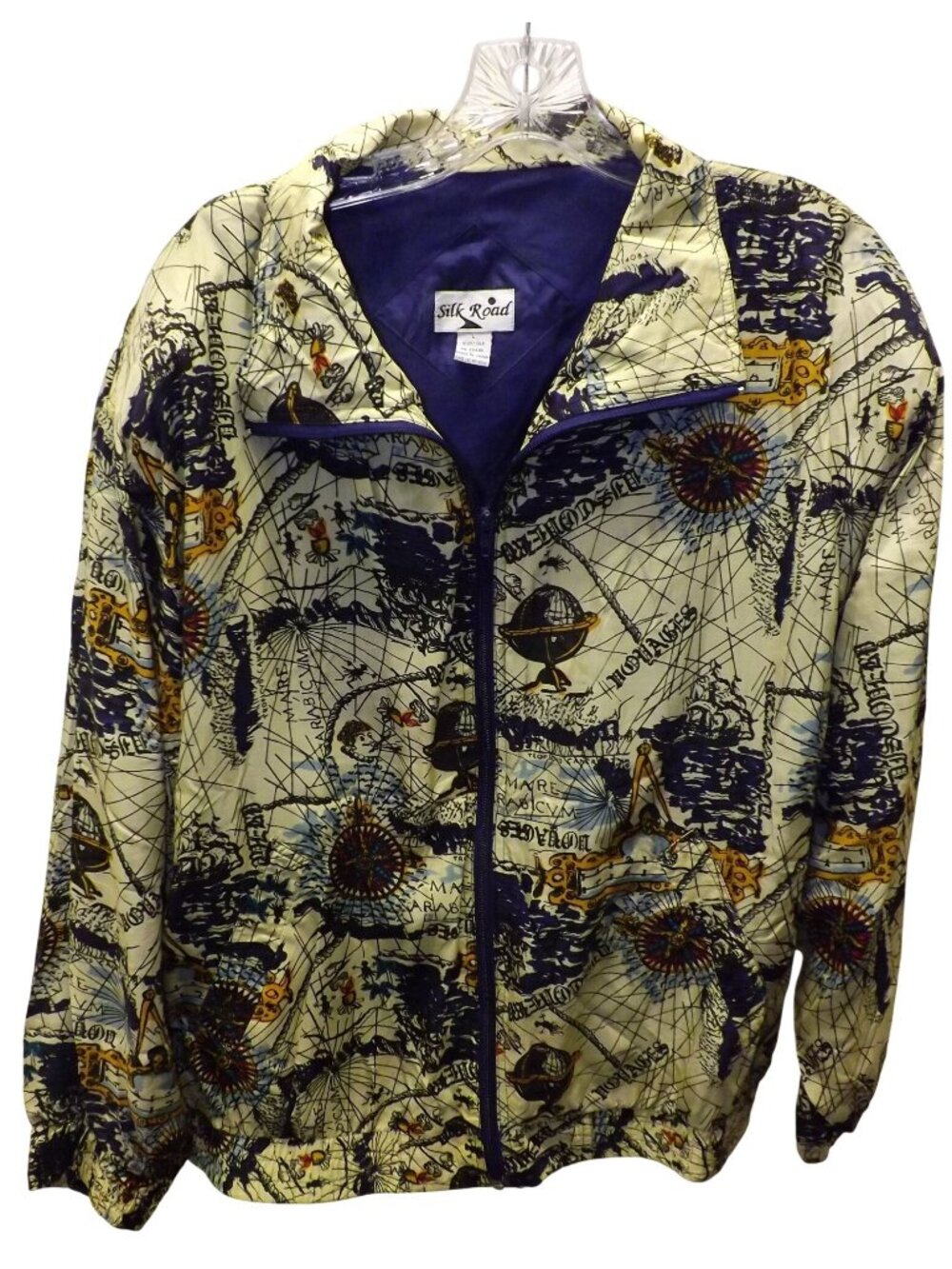 Silk Road 100% Silk Y2k Bomber Jacket Map Print Zip-Up Windbreaker Sz Large Vtg